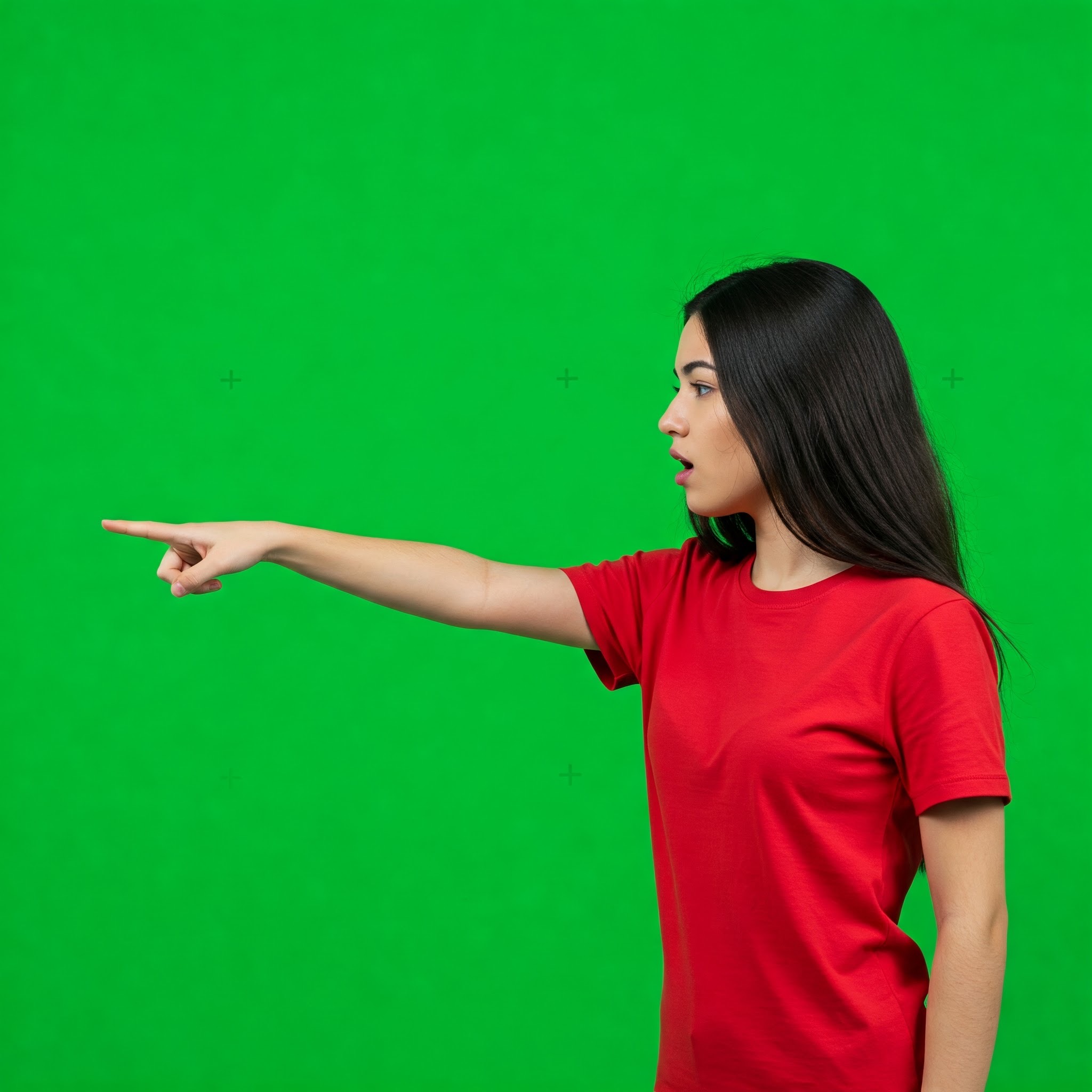 photo of Surprised Young Woman Pointing Left Against Green Screen